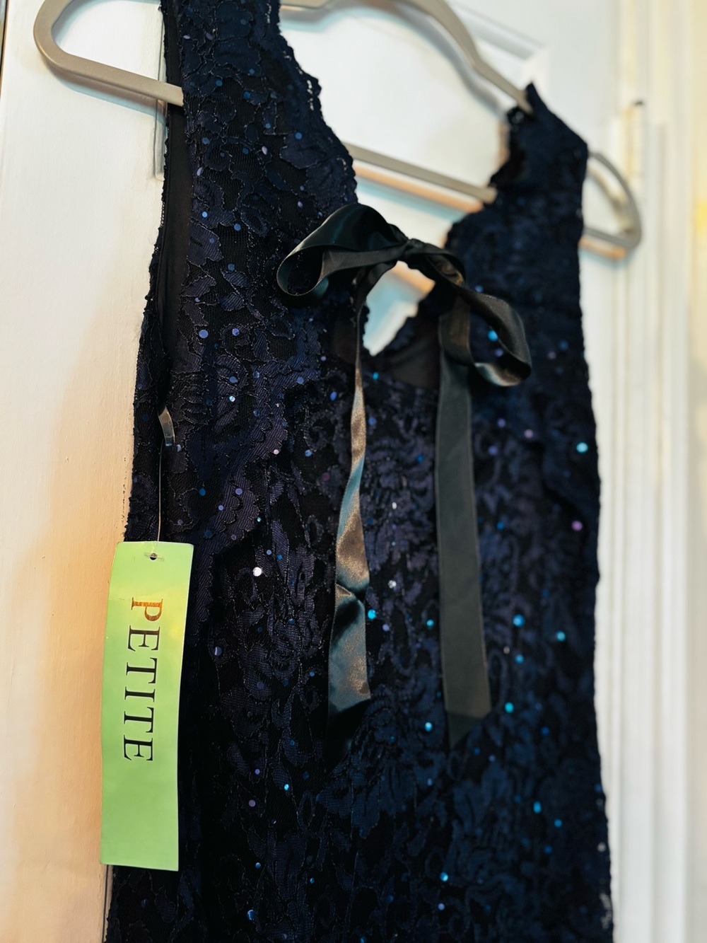 Candalite Petite Black and Navy Sequin Long Lace Dress and Tie Open Back size PM